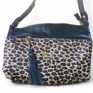 Valentina Leopard Print Crossbody with Navy Trim and Tassel